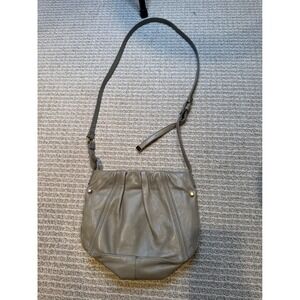 Perlina New York Taupe Leather Crossbody Bag Pleated Whipstitch Leopard Lining